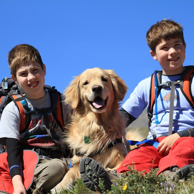 Two kids with their golden retriever dog